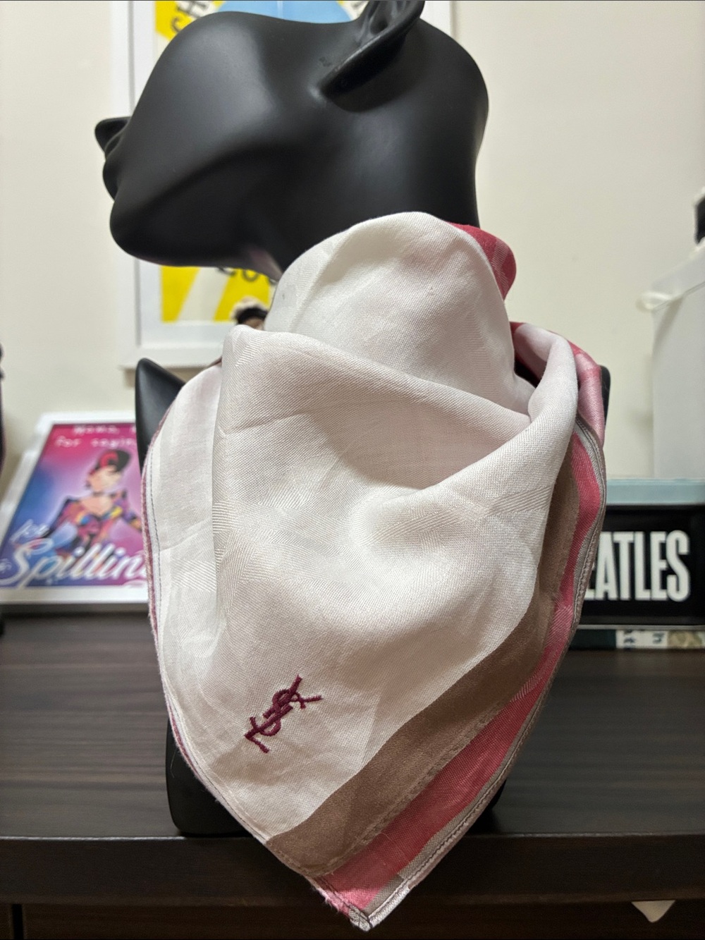Yves Saint Laurent Vintage 90s White, Pink & Tan Silk-Blend Logo Bandana Scarf